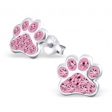 E01088-PK Sterling Silver Paw Ear Rings with crystals