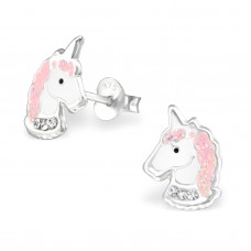 E03006-PK   Sterling Silver unicorn head Ear rings with epoxy & crystals