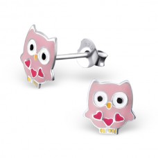 E01464-PK    Sterling Silver pink heart owl Ear rings 