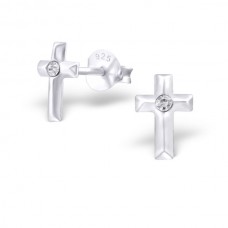 E01768-SS   Sterling Silver Cross ear ring with tiny crystal centre