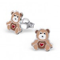 E01471-BR    Sterling Silver Brown teddy bear Ear rings with heart tummy