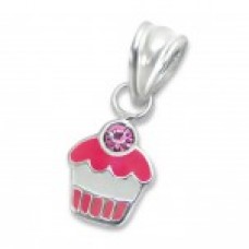 P00055-PK  Sterling Silver Cupcake Pendant Necklace with crystal cherry